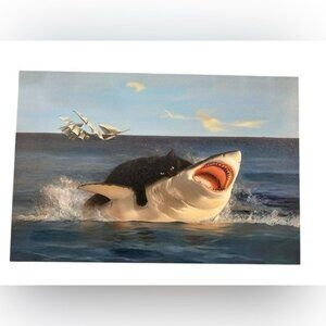 NEW framed canvas art print 16x24 inches cat attack shark